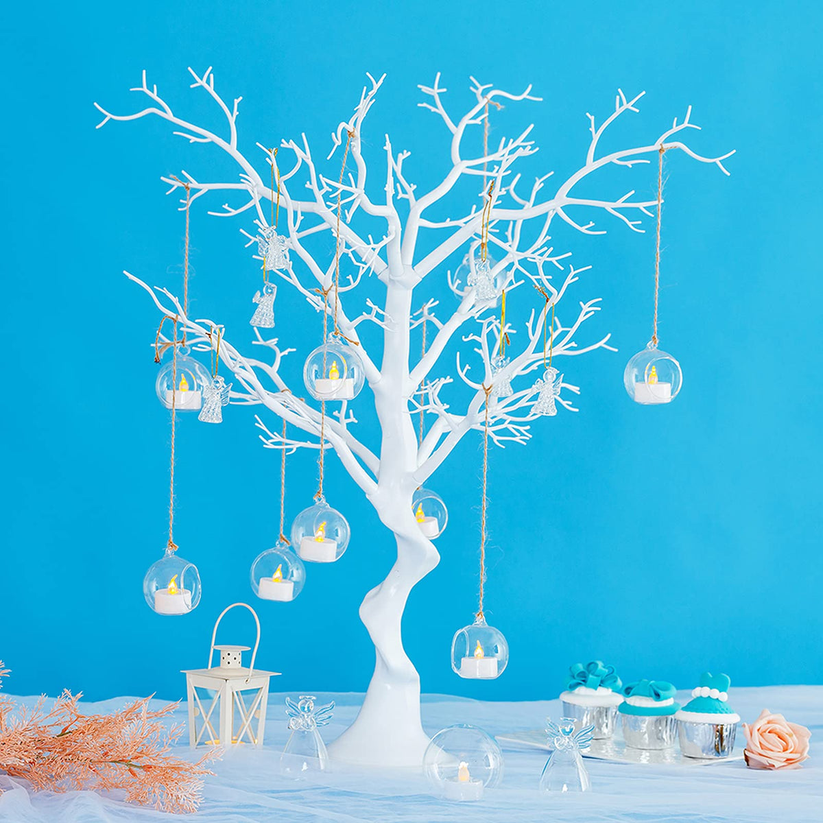 Nuptio 24 Pcs Hanging Glass Tealight Holder Globe 2.36" Diameter, Tea Light Candle Holders Wedding Christmas Halloween Home DIY Gifts, Garden Hanging Ornaments Outdoor Candle Holders