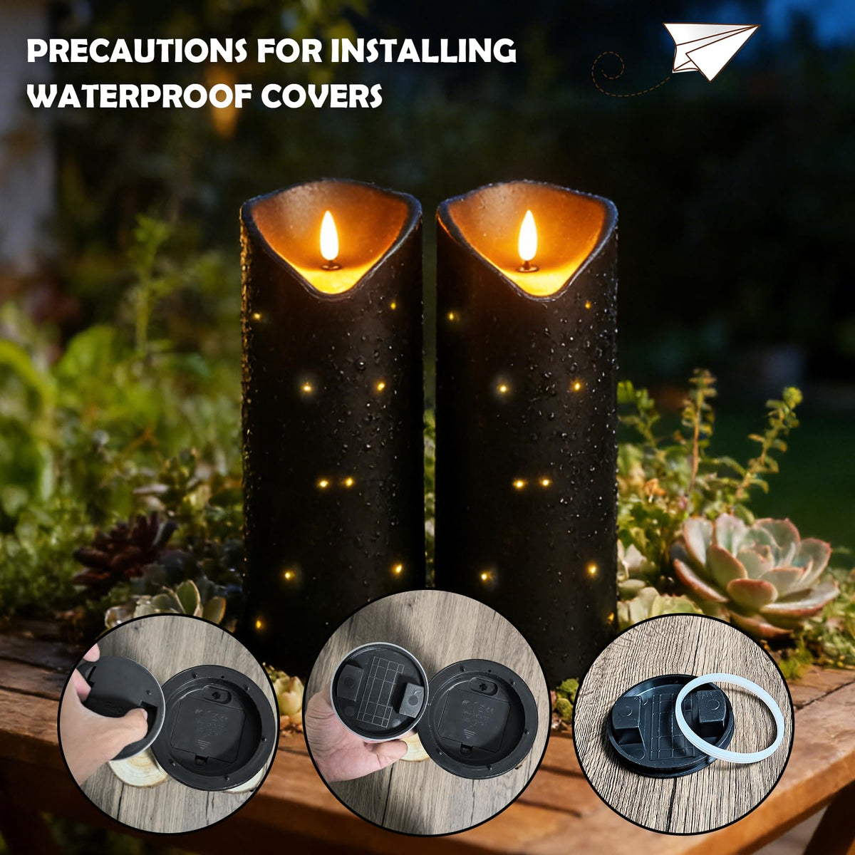 4" x10" Outdoor Flameless Candles Waterproof, Battery Operated LED Candles with Remote Control and Timer，Internal string lights，Black , Set of 2，Suitable for home decoration and holiday decoration