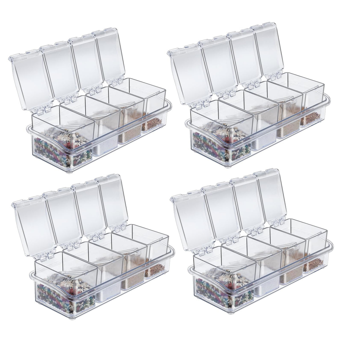 Tobeelec 4 Pcs Clear Seasoning Box with Spoons, 16 Pcs Kitchen Clear Seasoning Rack Spice Pots Spice Storage Containers Condiment, Transparent Spice Jars with Cover for Salt Candy Cruet Sugar