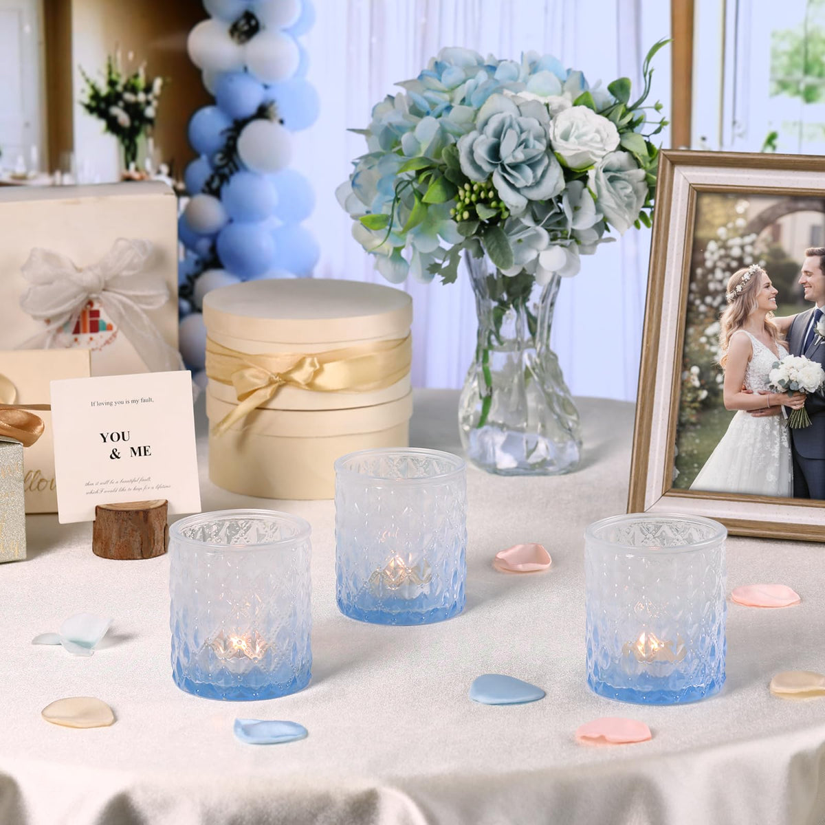6 Pcs Blue Gradient Votive Candle Holders Glass Tea Light Candles Holder Light Blue Ombre Large Candle Holders for Bridal Shower, Wedding Table Centerpiece, Birthday Party Home Decor