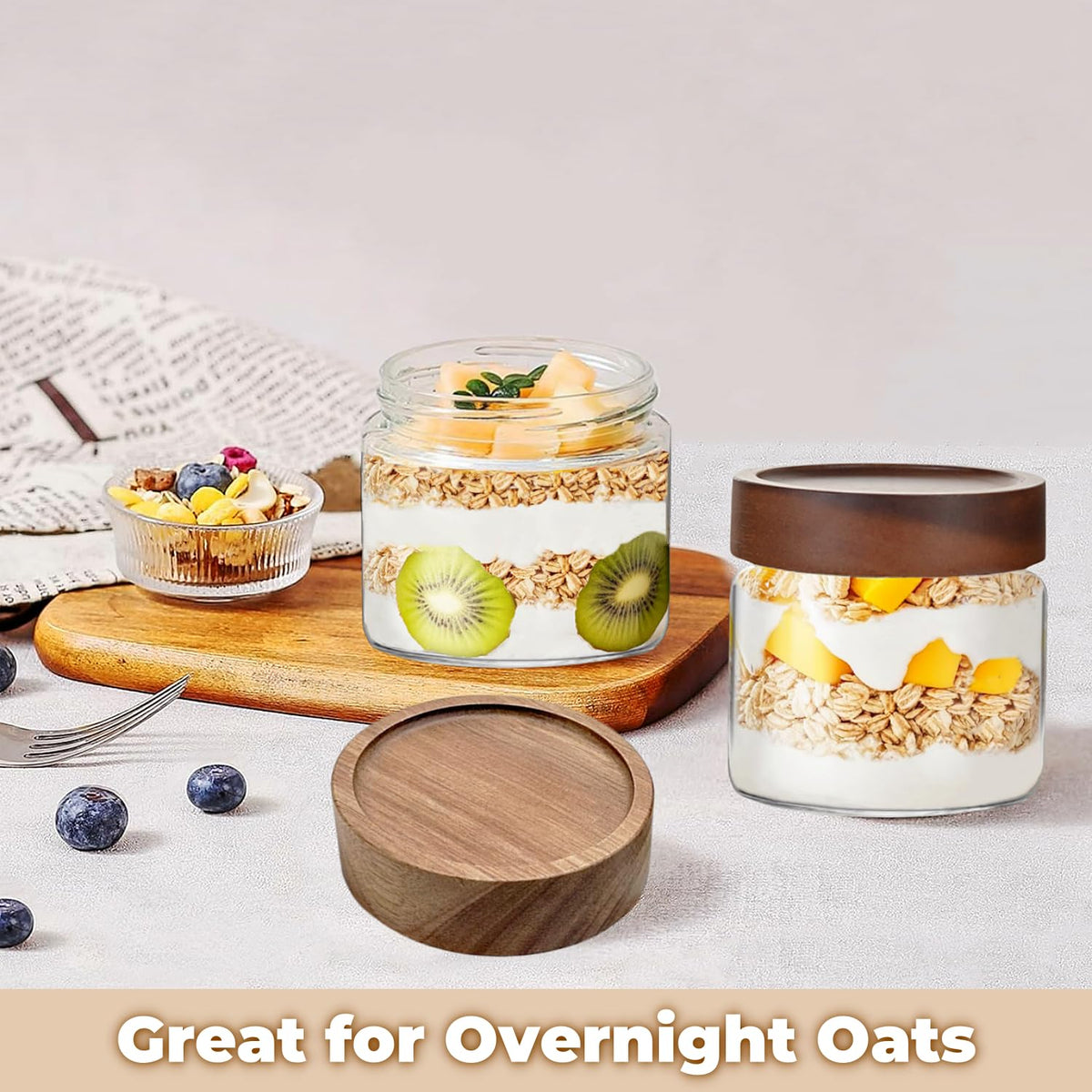 17 Fl oz/500 ml Glass Food Storage Jar, Premium Clear Glass Container Jar with Airtight Screw-on Wooden Lid, Kitchen Canisters for Coffee,Tea,Pasta,Cookies, Nuts,Spice,Candy,Overnight Oatmeal（Small)