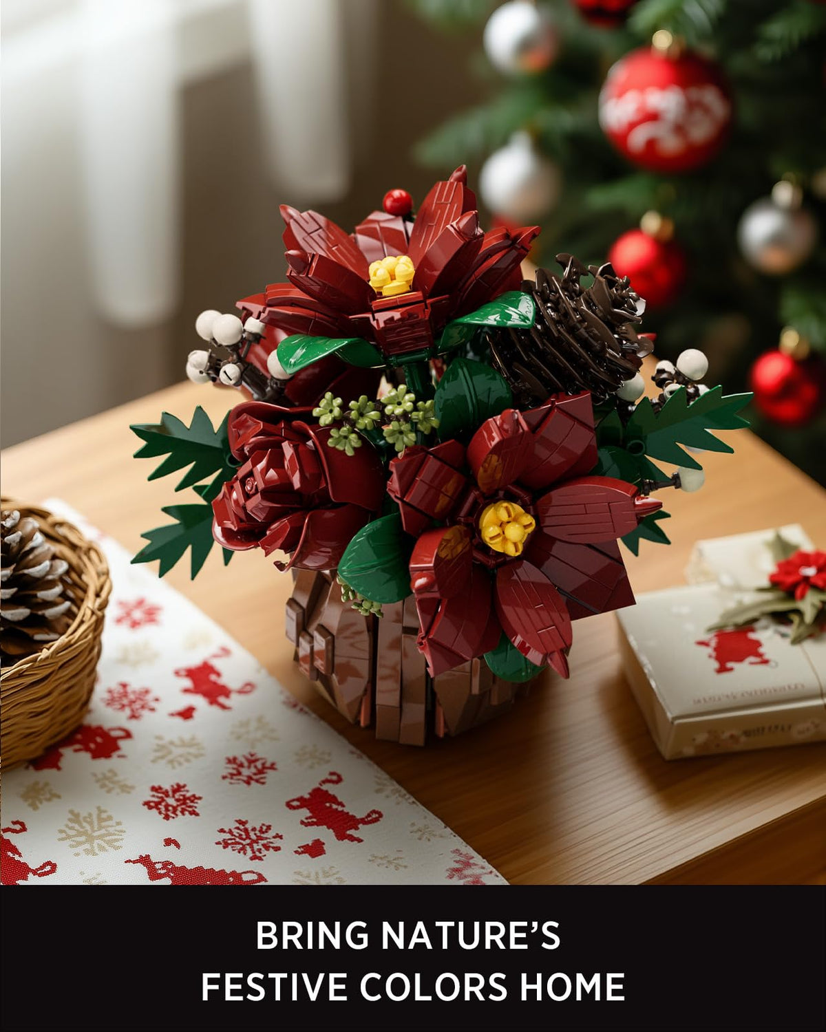 Nifeliz Poinsettia Flowers Building Set, Artificial Poinsettia Floral Arrangement for Adults, Tabletop Flower Decor for Home or Desk Display (767 PCS, NF10347)