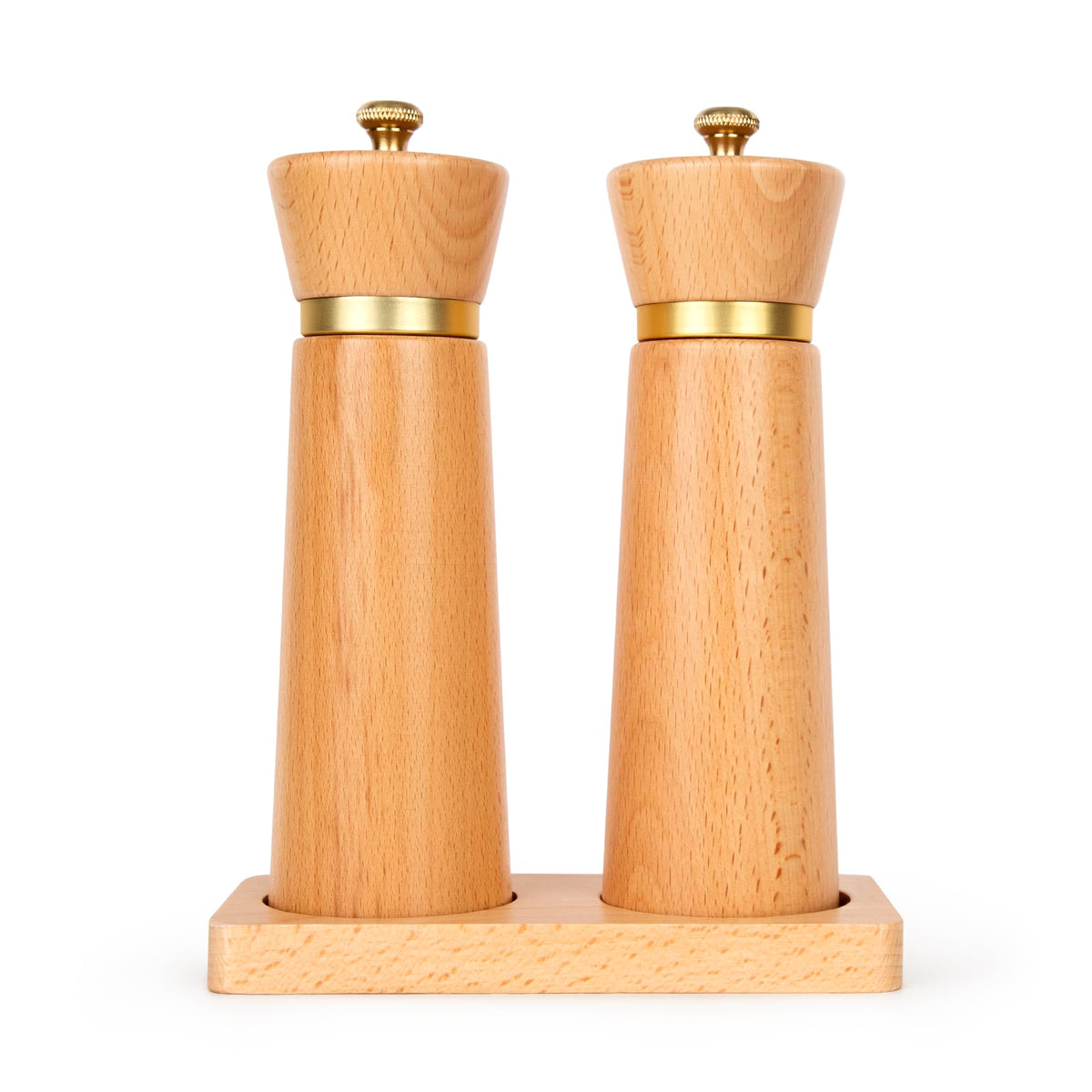 Besti Wooden Salt and Pepper Grinder Set with Tray - Striped Acacia Refillable Grinders for Salt, Pepper, Seasonings, Reusable Pepper & Salt Mill - Kitchen & Dining Table (7" Beech)