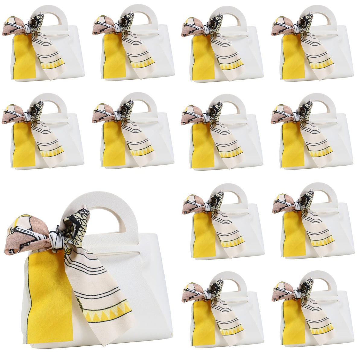 LPEIEB 12 Pack Leather Ribbon Candy Bag Gift Bags PU Wedding Gift Bags with Handle Ribbon Reusable Party Favor Boxes for Weddings Birthdays Christmas Baby Showers Halloween(White)