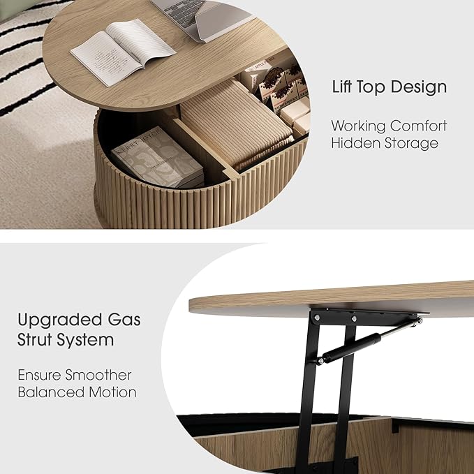 SULIVES Oval Coffee Table with Storage, Small Fluted Center Table