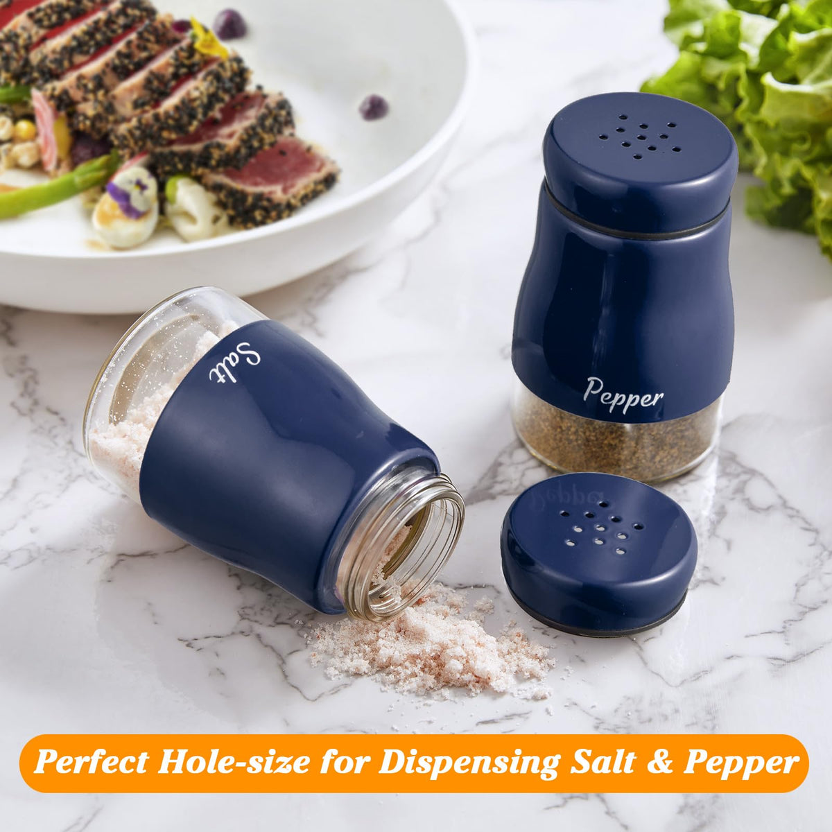 Navy Blue Salt and Pepper Shakers Set, Bivvclaz 5 Ounce Salt and Pepper Dispenser with Glass Bottom, Cute Salt and Pepper Shakers for Blue Kitchen Decor and Accessories