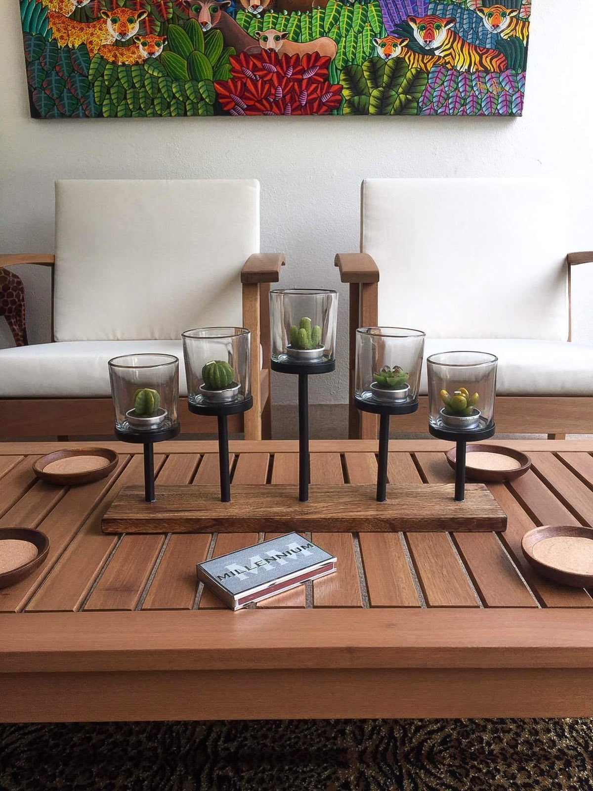 Elegant Decorative Votive Candle Holder Centerpiece, 5 Glass Cups on Wood Base-Tray for Anniversary, Wedding, Dining Table Centerpiece, Decorations Living Room, Decor Coffee Table Centerpiece, Menorah
