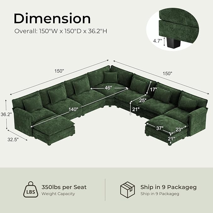 ELUCHANG 150" Oversized V-Shaped Cloud Couch Modular Sectional Sofa