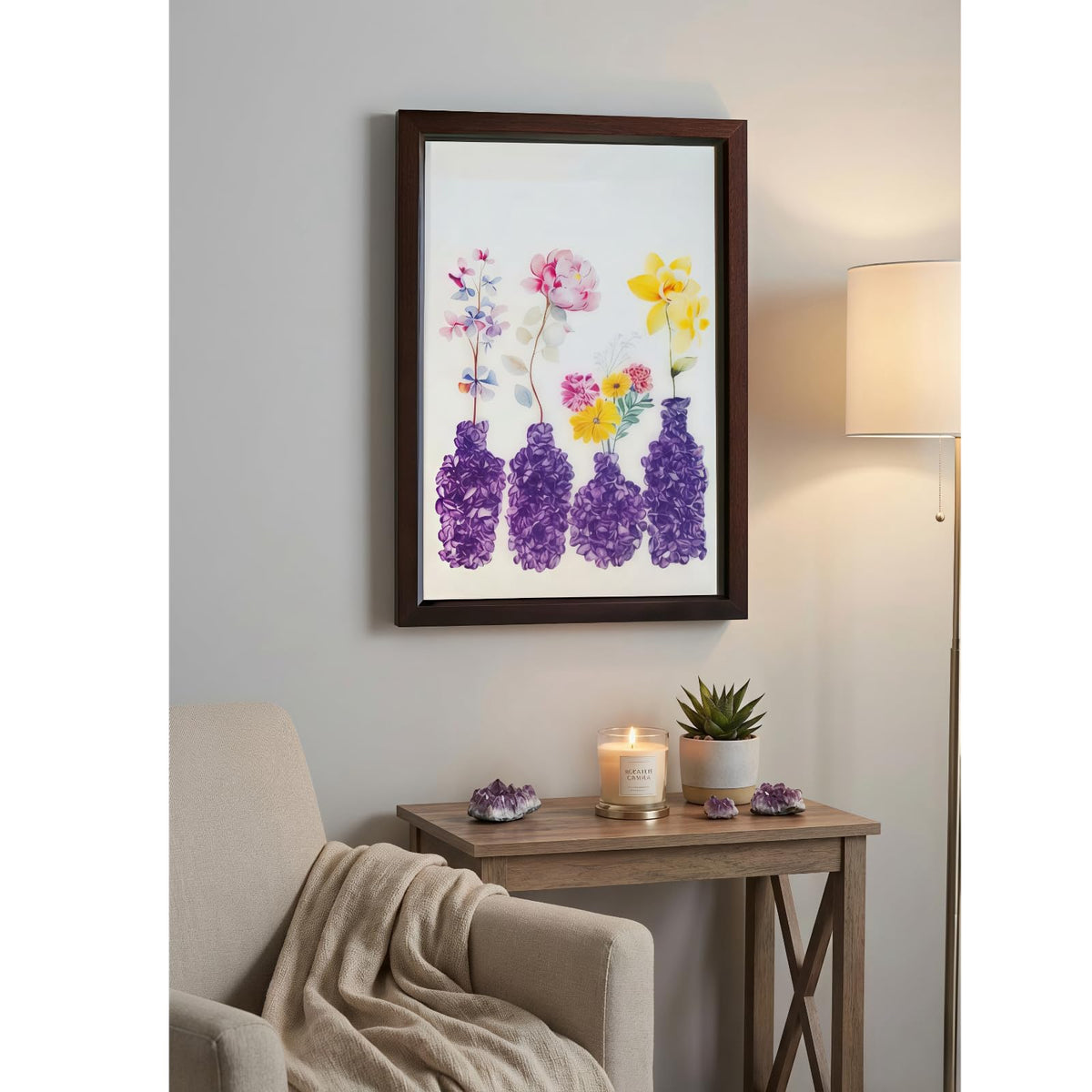 Boohyjtong DIY Real Amethyst Crystal Art Kit with Frame - 3D Purple Gemstone Vase Wall Decor - Natural Healing Stone Mosaic Craft for Adults - Relaxing February Birthstone Gift for Women