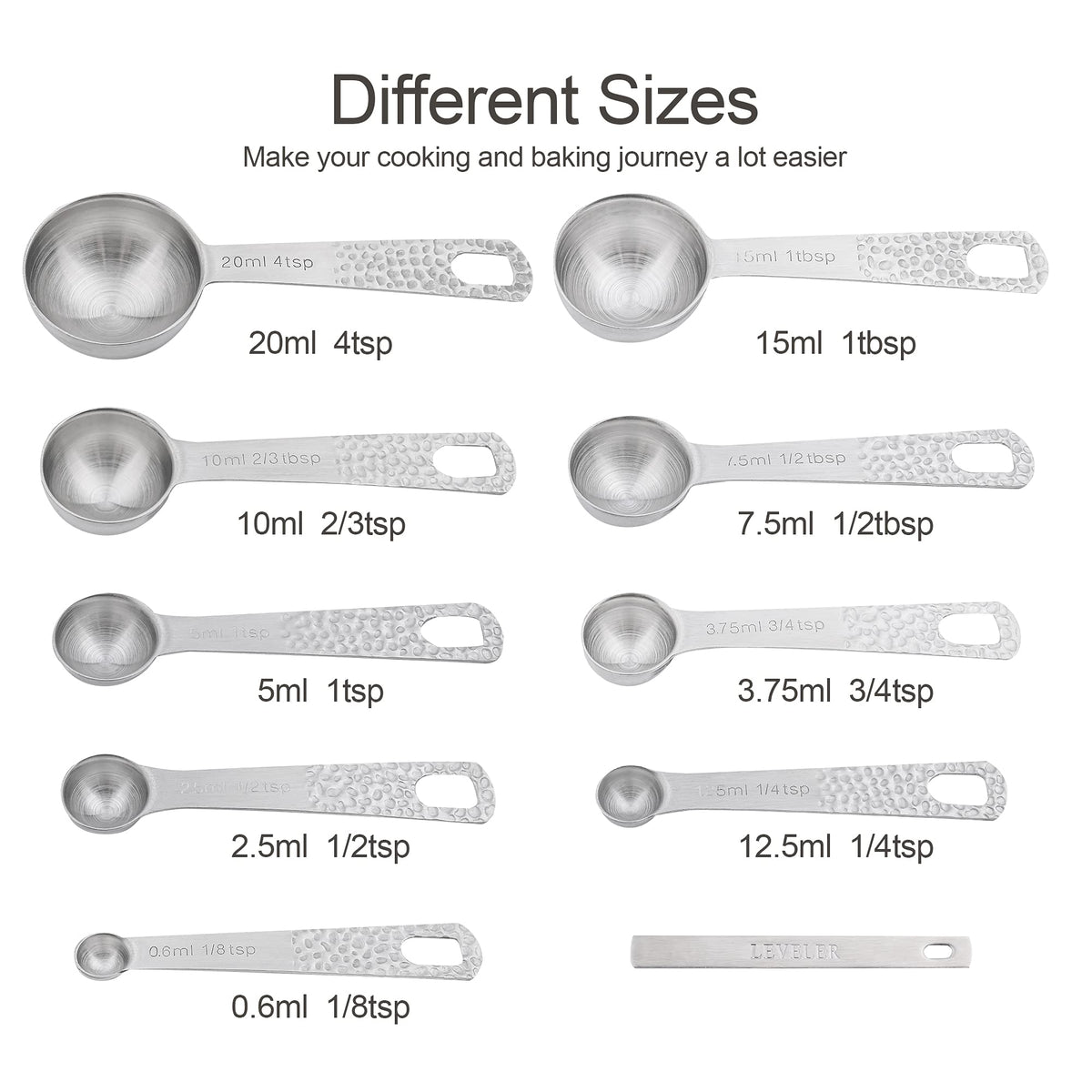 Smithcraft Measuring Spoons Set, 18/8 Stainless Steel Measuring Spoon Set 9 & Leveler, Metal Measuring Spoons for Baking, Kitchen Gadgets Measure Spoons, Measurement Spoons 1/8, 3/4, 4 tsp & 2/3 tbsp
