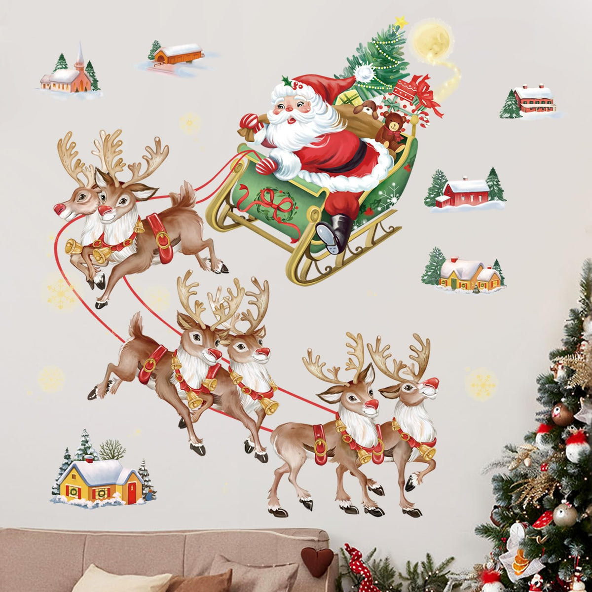 wondever Christmas Wall Stickers Santa Claus and Reindeer Christmas Window Wall Art Decals for Christmas Party Window Xmas Home Party