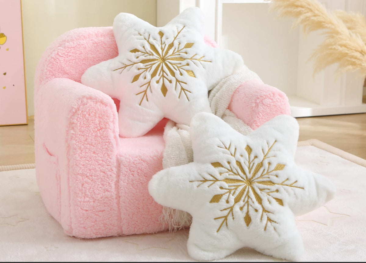 Volple Snowflake Decorative Throw Pillow – White Plush Star Cushion with Gold Embroidery – Soft Winter Christmas Accent Pillow for Couch, Sofa, Bedroom & Holiday Décor
