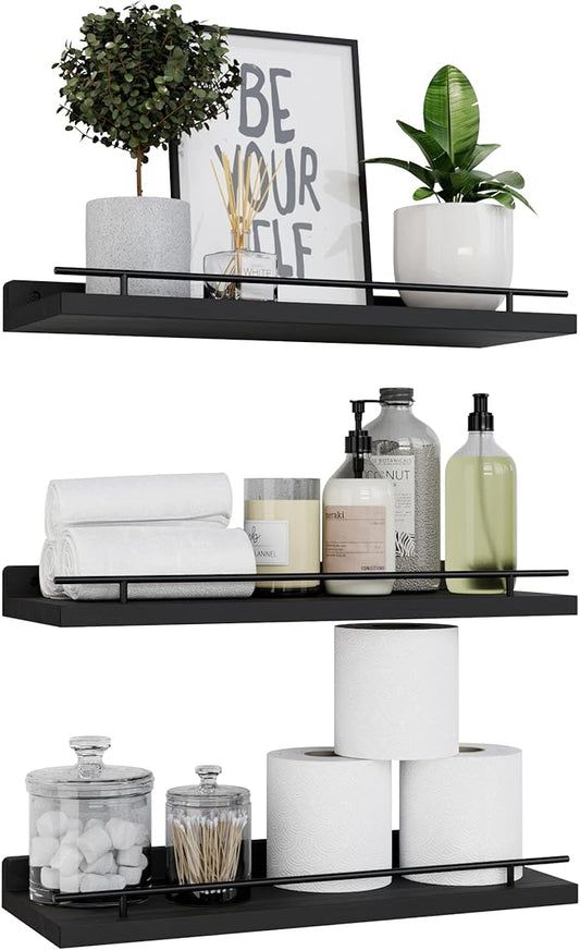 WOPITUES Floating Shelves with Black Metal Guardrail, Shelves