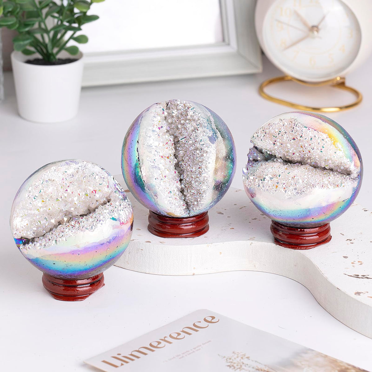 Sportmusies Titanium Coated Rock Crystal Geode Ball with Wooden Stand, Druzy Quartz Stone Cluster Sphere Reiki Home Office Decoration, Angel Aura