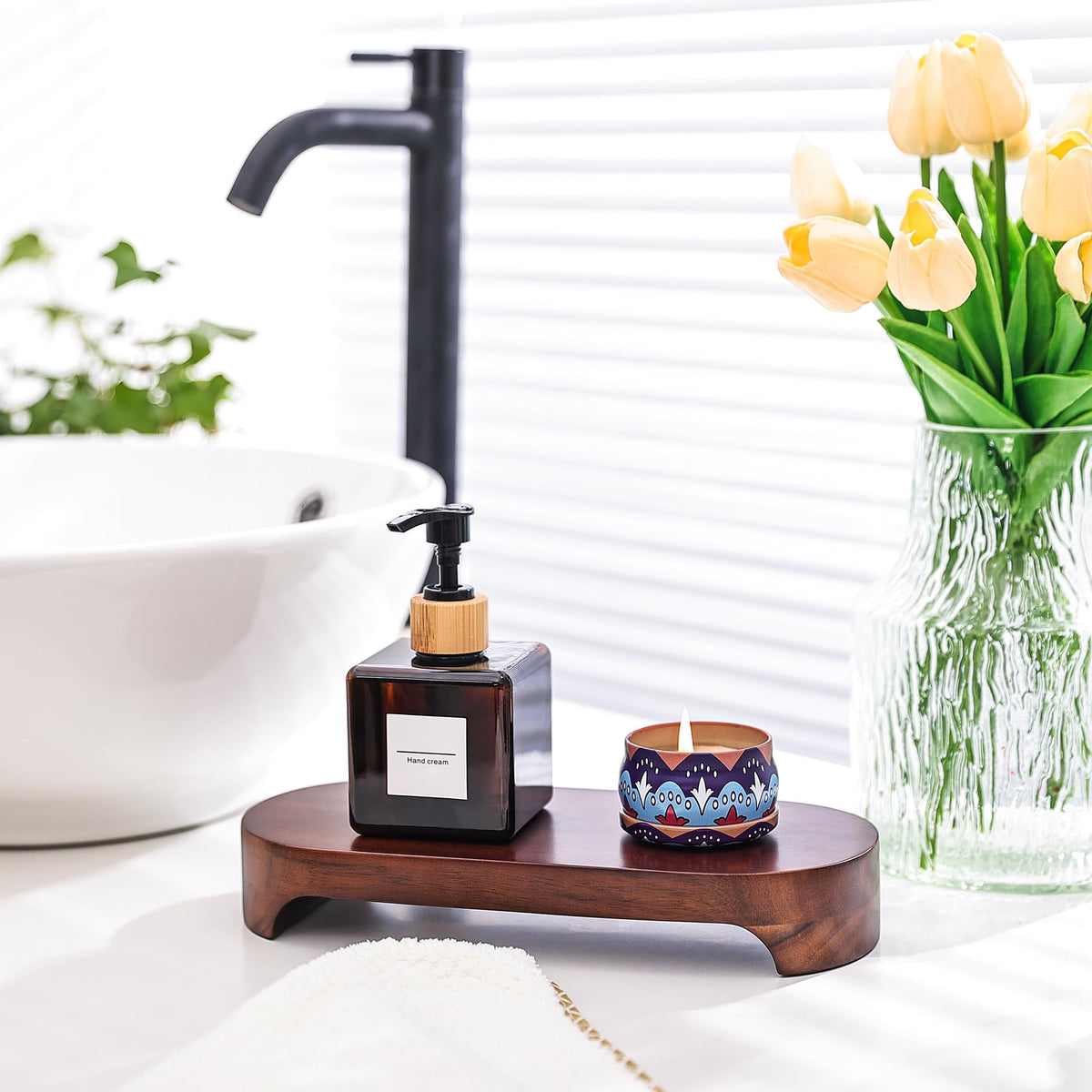 CAMLOT Acacia Wood Risers for Decor Display, Bathroom Counter Decorative Tray, Soap Dish Risers, Pedestal Stand for Bottles,Candle,Plant, Counter Decor for Vanity. (Brown Acacia)