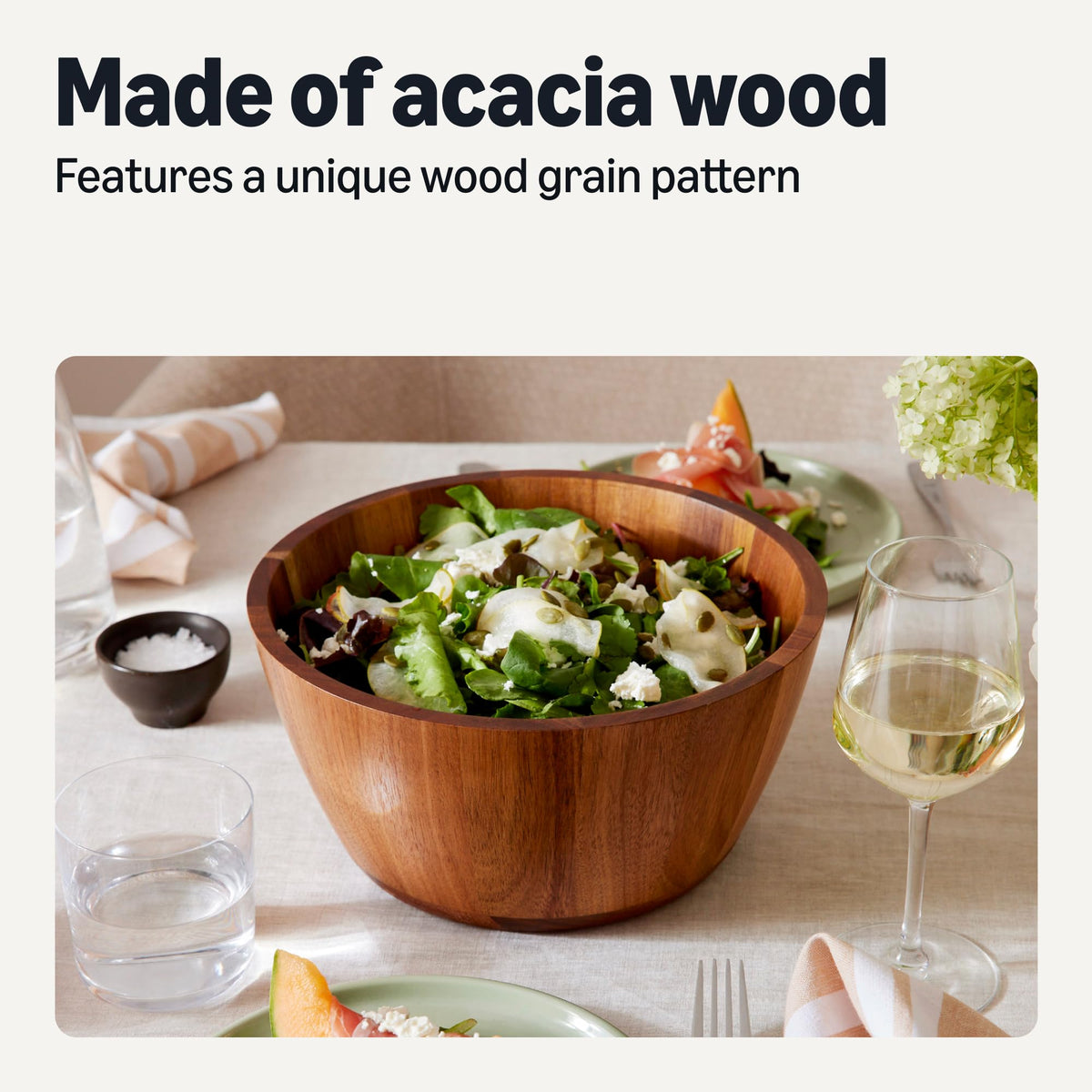 Amazon Basics Wooden Salad Bowl, Acacia Wood, 10 in., Family Size Serving Bowl