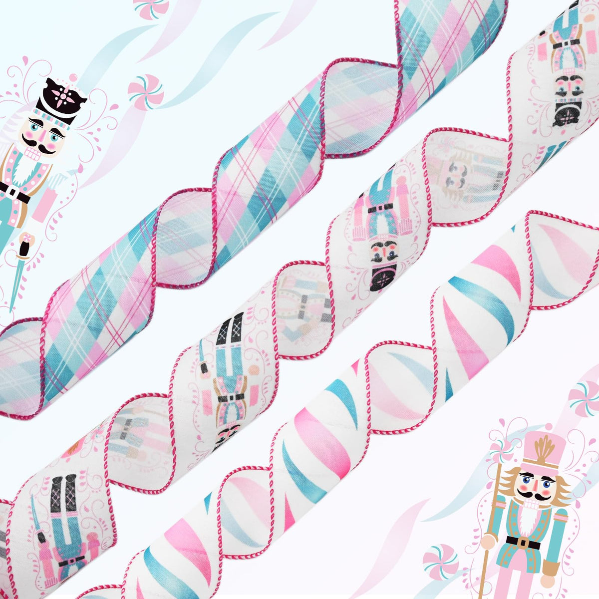 CRAFLOX Pastel Christmas Nutcracker Wired Ribbon for Wreath Bows, 3 Rolls, 2.5″ Wide, 15 Yards Total, Pastel Pink & Blue Check Wired Edge Ribbon for Crafts Supplies, DIY Bows