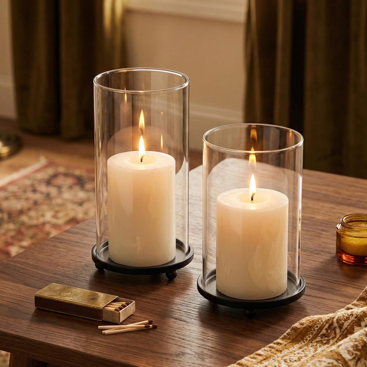 Hurricane Candle Holders Set of 2 - Pillar Candle Stands with Glass Sleeves for Fireplace Mantel & Dining Table Centerpiece Decor (Black)