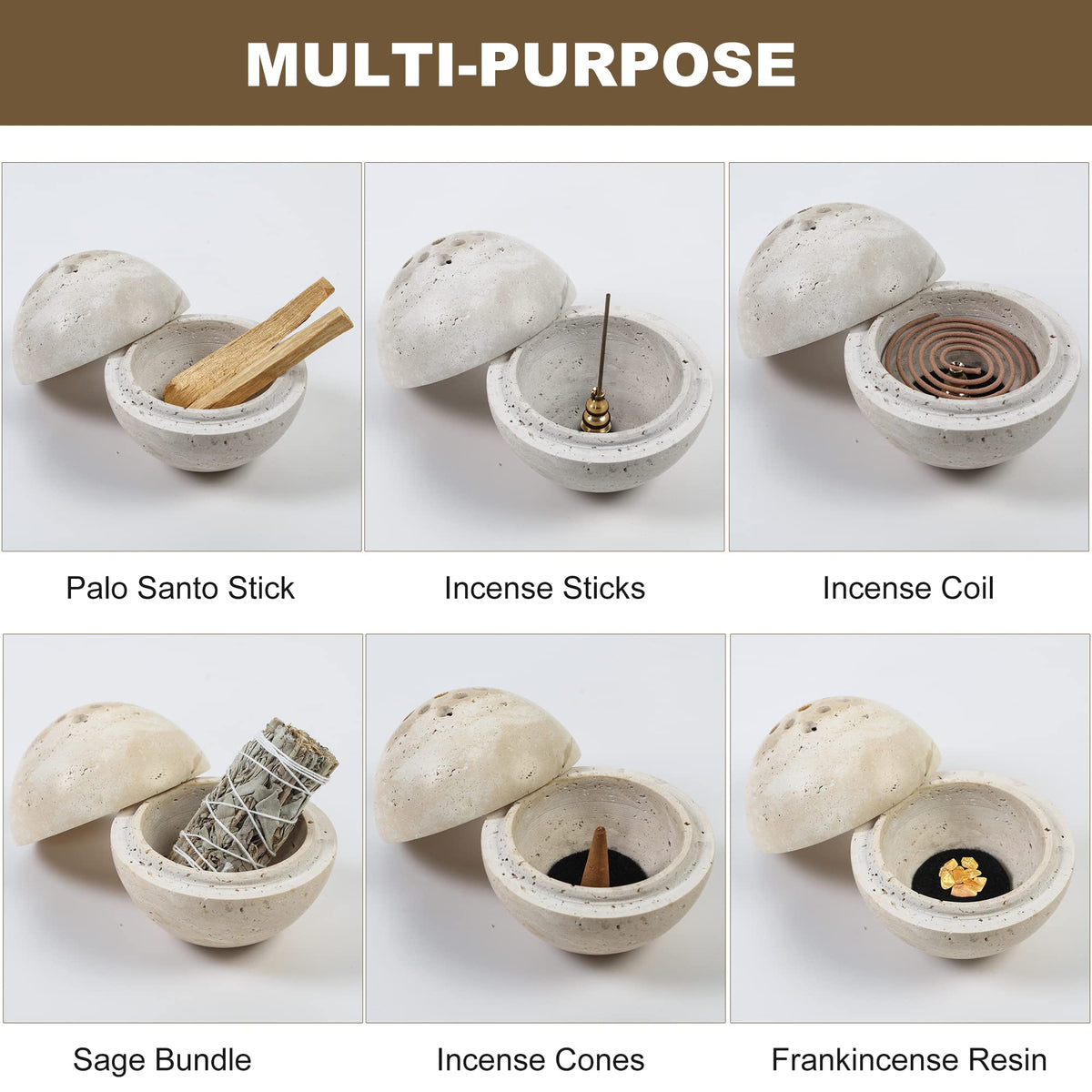 Natural Travertine Incense Cone Holder, Handmade Stone Sphere Incense Burner for Medication Yoga Home Décor 4.1 inches