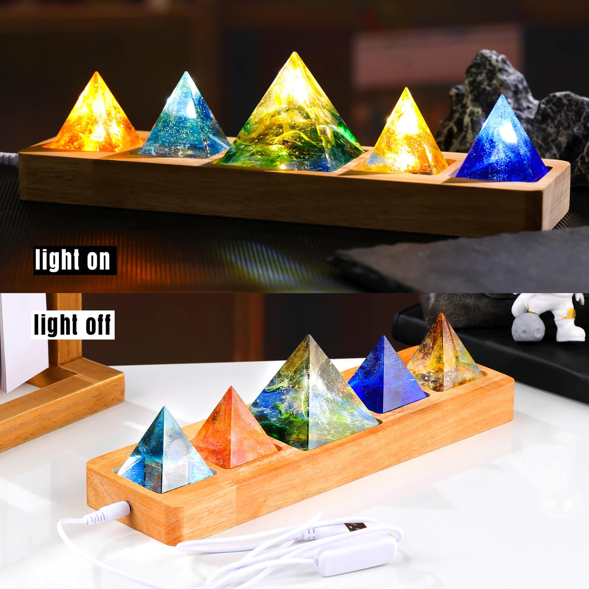 Ornalrist 5 Chakra Natural Healing Pyramid with Wooden LED Light Base Crystal Quartz Pyramid for Meditation, Positive Energy, Sleep, Spiritua Night Light Home Decor
