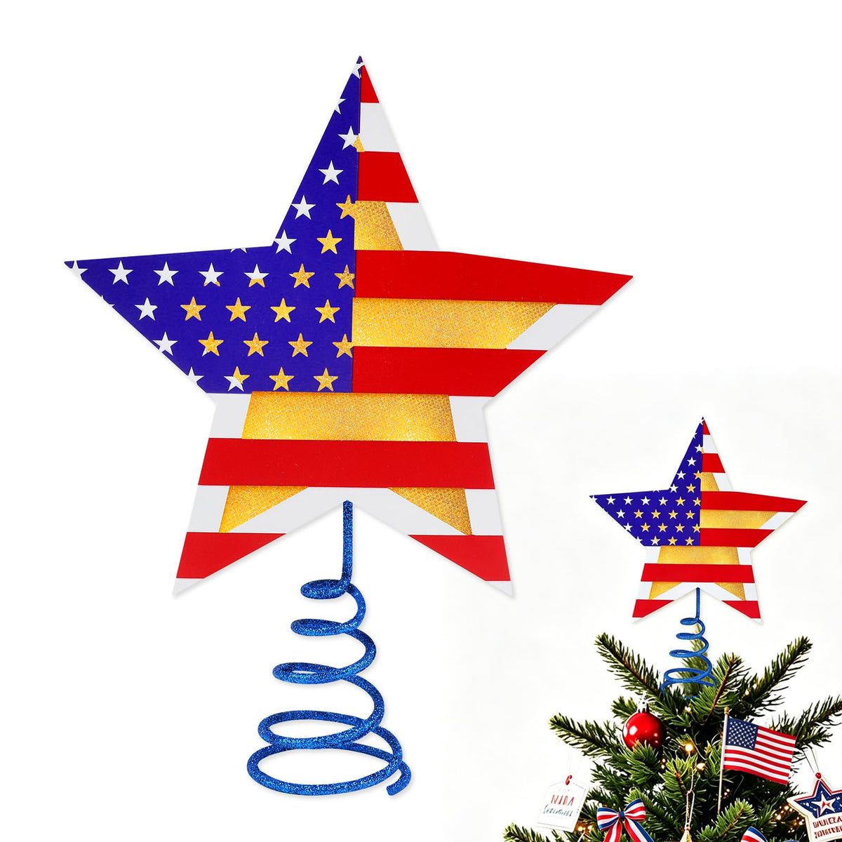 Fangoo 9.8 Inch 4th of July Patriotic Star Tree Topper with LED Lights Memorial Day USA 250th Anniversary Red White and Blue Christmas Tree Toppers for Independence Day Home Office Party Decor