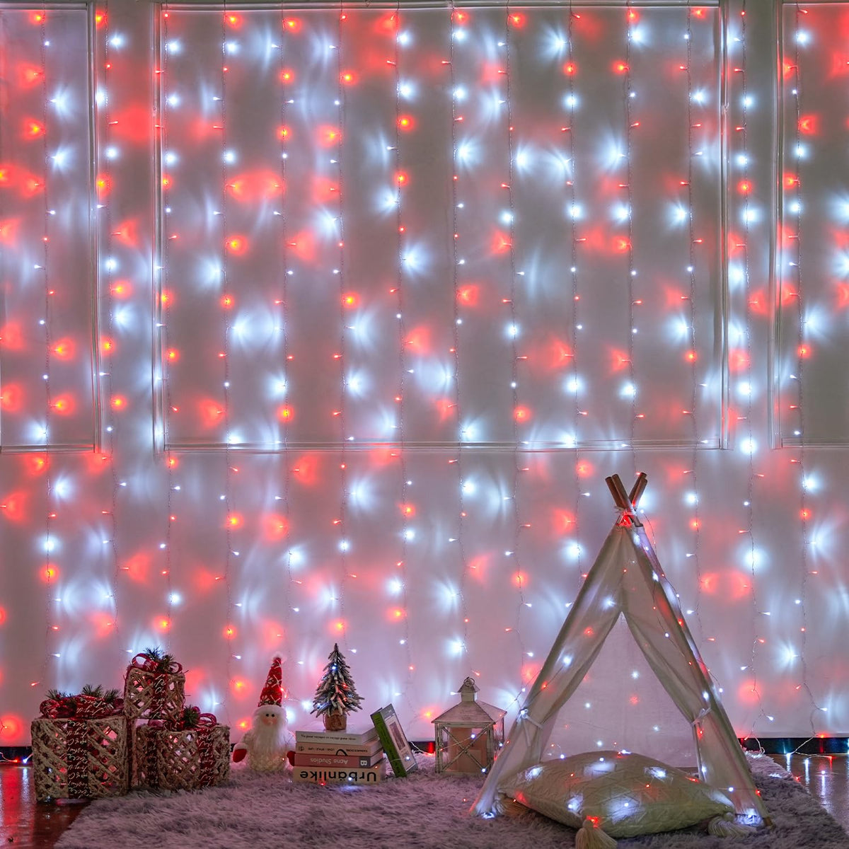 JMEXSUSS 300LED Red and White Christmas Curtain Lights with Remote, 9.8x9.8ft Christmas String Lights Plug in, 8 Modes Twinkle Hanging Fairy Lights for Bedroom Window Wall Porch Indoor Outdoor Decor