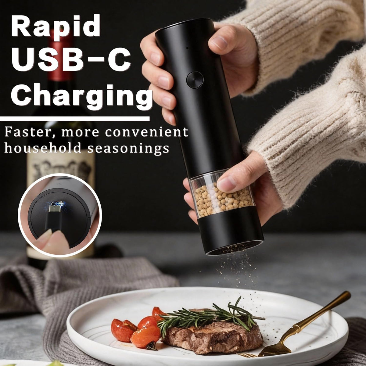 Electric Salt and Pepper Grinder Set, Rechargeable Automatic Salt and Pepper Shakers, One-Handed, Adjustable Coarseness, Pepper mills with stand, Seasoning Tools for Kitchen, Home Gifts