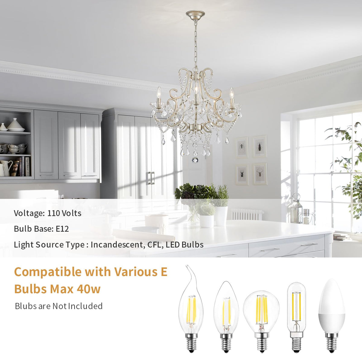 Crystal Chandelier, 5-Light Modern Chandelier for Dining Room Light Fixture, Nickel Finish Pendant Ceiling Light Fixture, Modern Candle Chandelier for Living Room Kitchen Island Entryway Bedroom