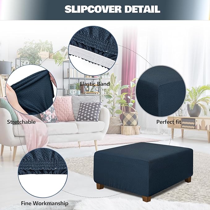 NeColorLife Square Ottoman Cover Jacquard Fabric Slipcover Thick Stretchable