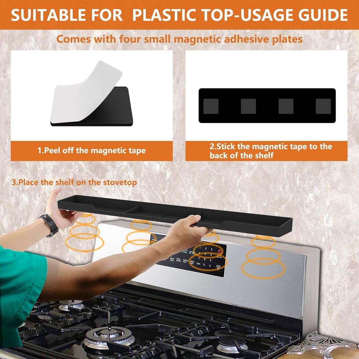 AWOKE Stove Top Shelf 30 Inch - Silicone Material Magnetic Shelf for Stove - 3 Functional Partitions Kitchen Spice Rack Organizer-Black,Kitchen Gadgets Storage Organization