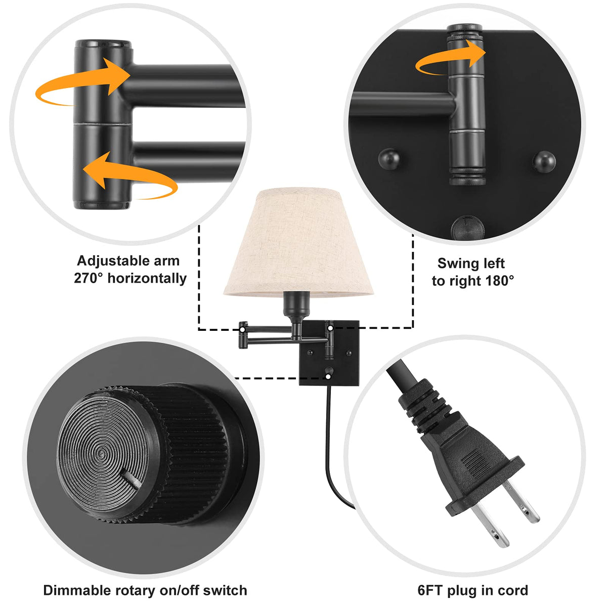 TRLIFE Wall Sconce Plug in, Dimmable Wall Sconces Set of Two Swing Arm Wall Lights with Plug in Cord and On/Off Dimmer Rotary Switch, 9.4" Medium Beige Fabric Shade(2 Pack, 2 Bulbs)