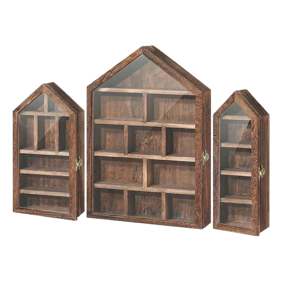Yuzhrao Trinket Shelf Display with Door (Set of 3), Solid Wood Knick Knack Shelf for Wall, House Shaped Curio Display Case Shadow Box for Miniatures, Crystals, Rocks & Collectibles (Brown)