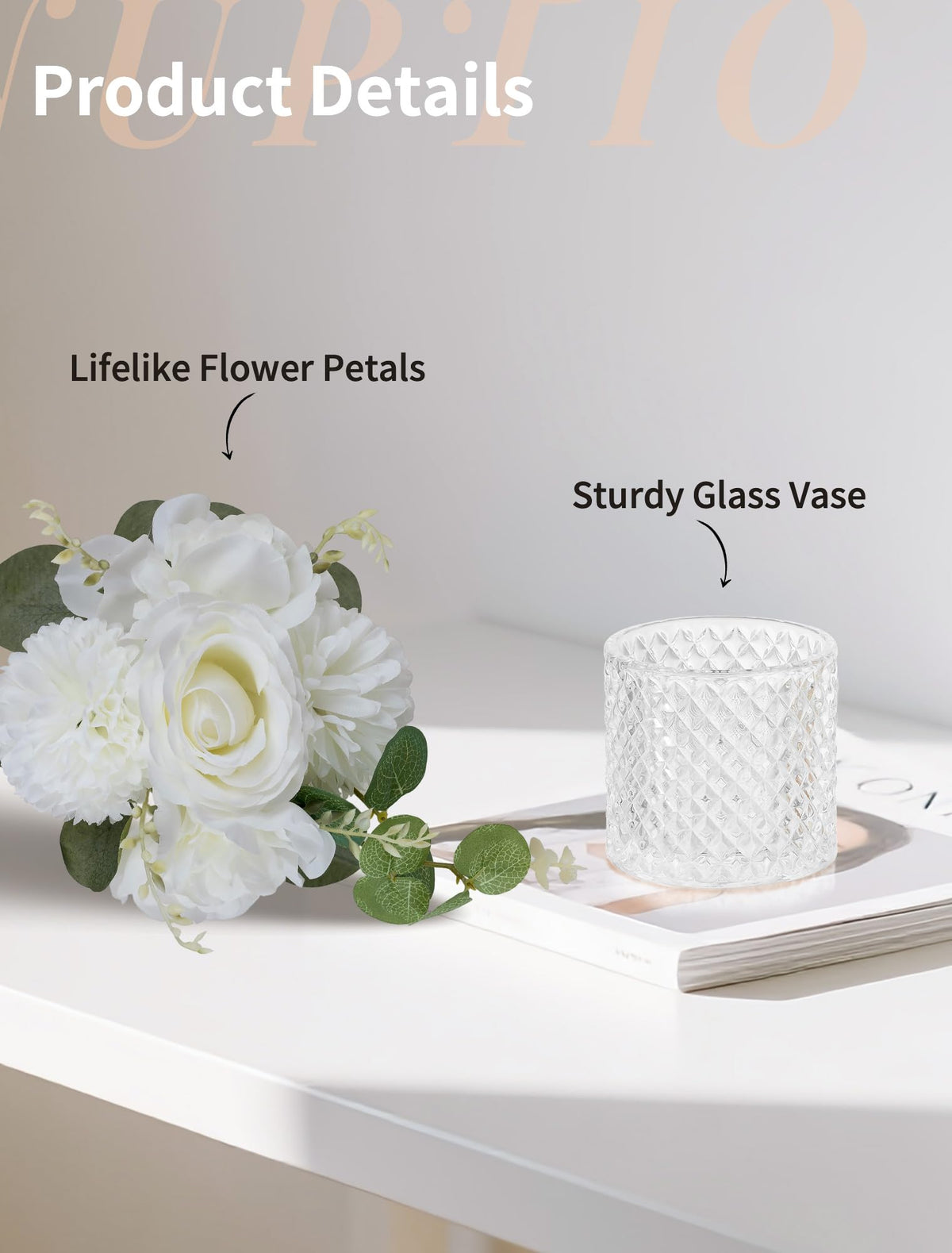 NUPTIO Small Fake Flower in Vase: 2 Pcs Silk Artificial Flowers with Clear Glass Vases for Living Room Bathroom Office Decor - Faux Rose Mums Floral Arrangements Wedding Dining Table Centerpiece