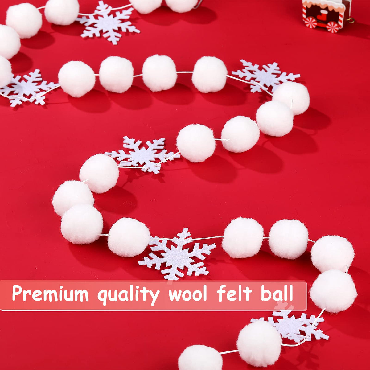 Tegeme 2 Pcs 13.2ft White Felt Pom Pom Garland Christmas Tree Decorations Cute Winter Snowball Snowflake Ornaments Hanging String Pompom Snowball Beads Xmas Holiday Birthday Party Banners