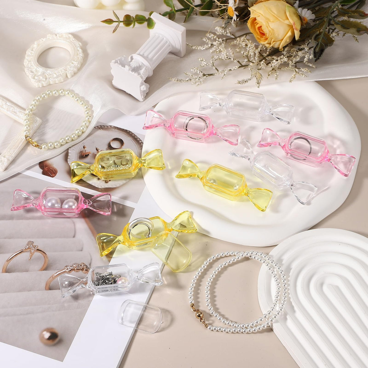 PATIKIL 50Pcs Candy Shaped Jewelry Box, Mini Plastic Jewelry Organizer Earrings Beads Bracelet Small Items Storage Container for Travel Wedding Christmas, Transparent
