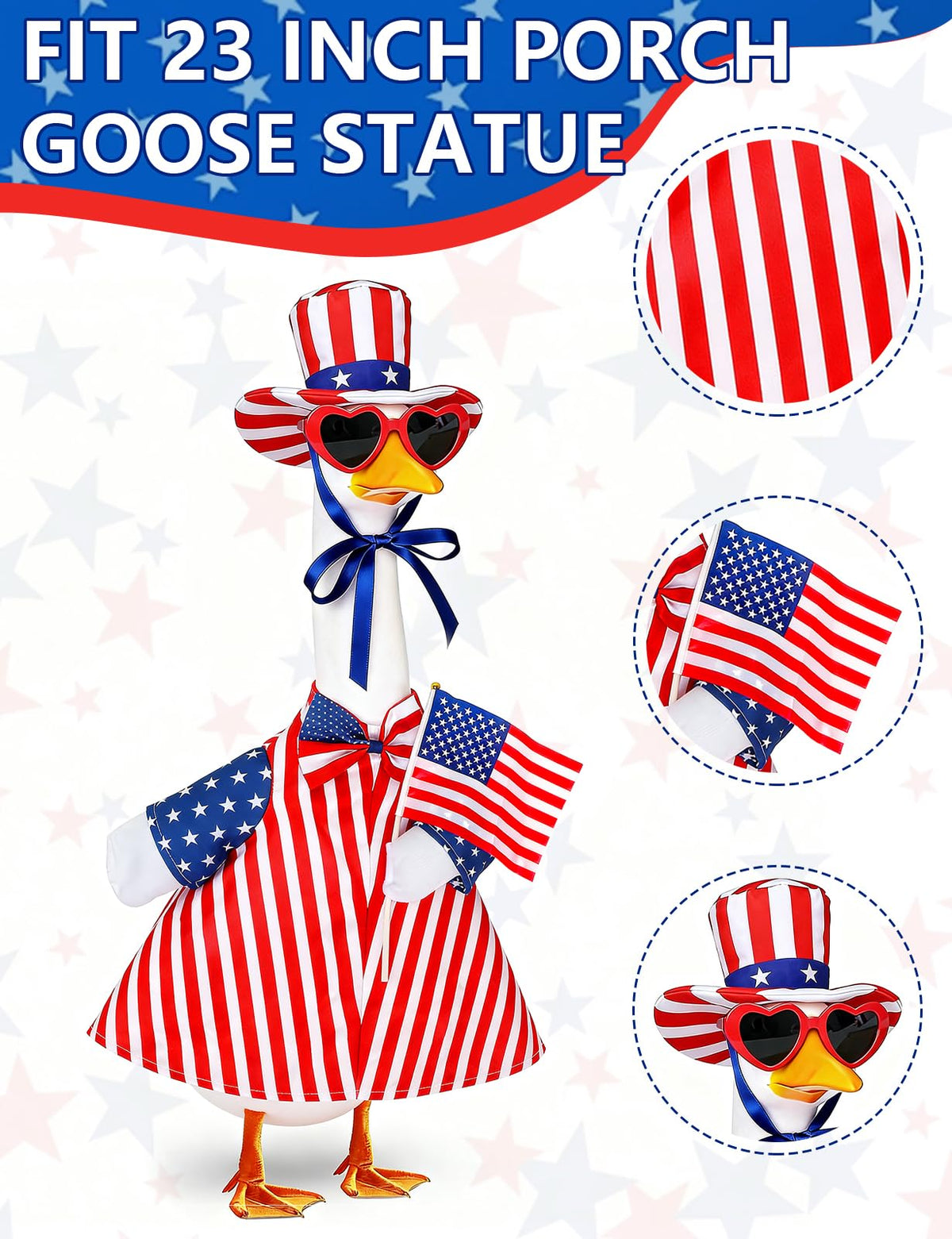 bomis 4th of July Patriotic Porch Goose Outfits for 23 Inch Lawn Statue – Independence Day Goose Costume with Red Heart Sunglasses, Star Stripe Hat, Handheld American Flag, US 250th Anniversary Decor