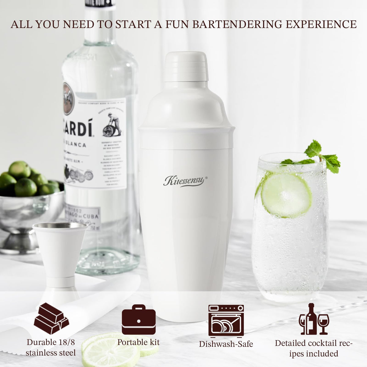 KITESSENSU Cocktail Shaker Set, Stainless Steel Martini Shaker with Bartender Strainer, Measuring Jigger, Bar Mixing Spoon, Cocktail Recipe Included, White