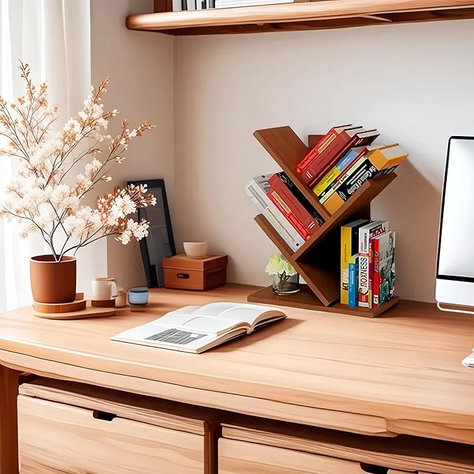 Godferyxin Tree Bookshelf, Small Bookshelf, 3 Tier Wood Mini Book Shelf and