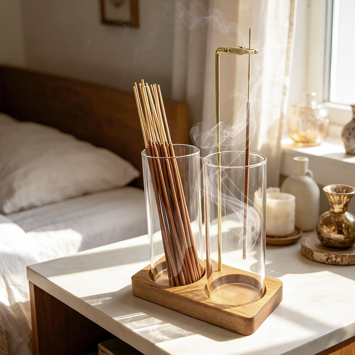 Acacia Incense Holder for Sticks, 2 in 1 Incense Burner with Glass Ash Catcher, 20 Incense Sticks and Brush, Backflow Incense Burner, Incense Burner for Meditation Yoga Spa