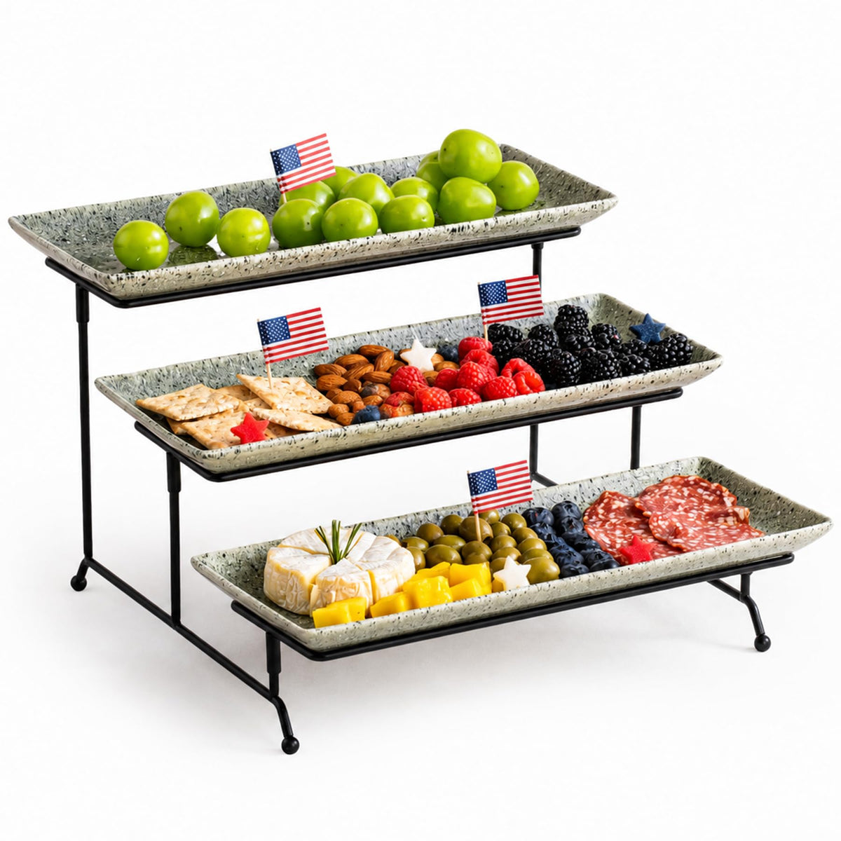LAUCHUH 3 Tier Serving Trays for Party, 14 inch Dessert Party Display Stand Serving Platters and Trays with Collapsible Sturdier Rack for Father's Day Serving Food, Speckled Gray