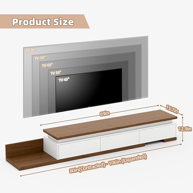 Extendable TV Stand with LED Lights, Modern TV Console with 3 Drawers, Wooden