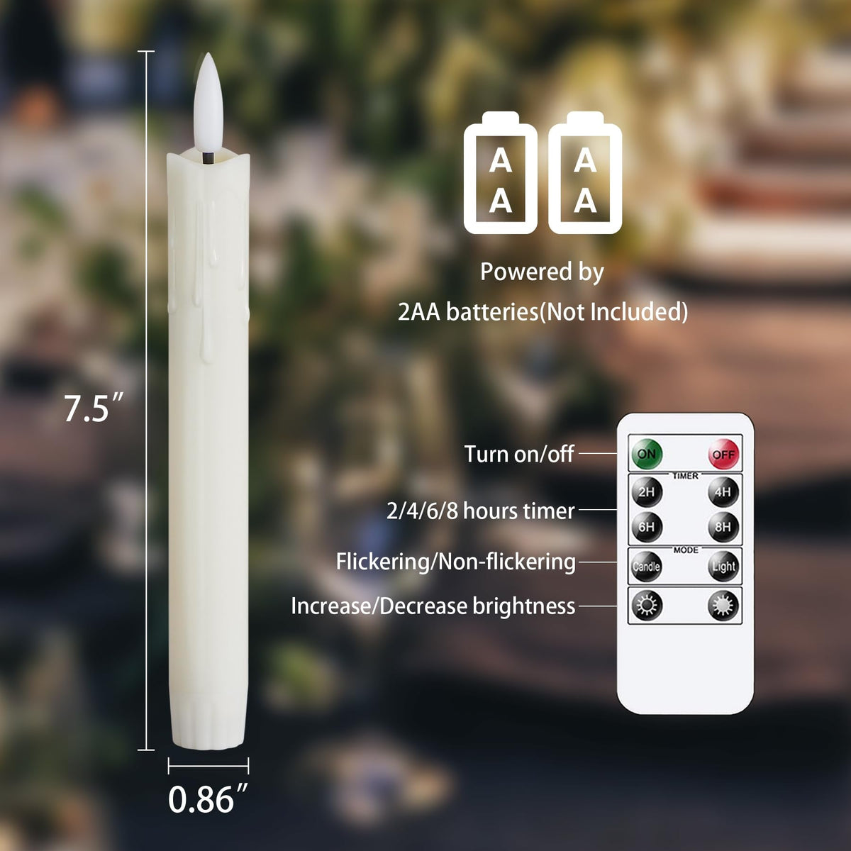 Mavandes Flameless Flickering Taper Candles Two Remote, 7.5 Inch Ivory Battery Operated LED Window Candles Timer,Set of 6 Plastic 3D-Wick Dripping-Wax Effect Flameless Candlesticks(0.86”Dia,Warm Fire)