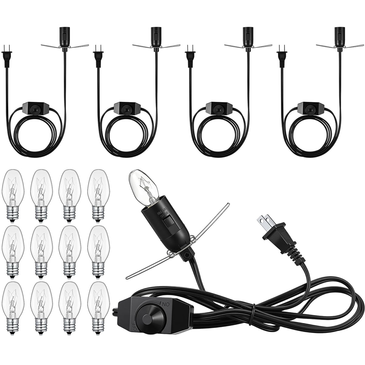 VIHOSE Salt Lamp Cord Replacement Set 4 Pack 5.9FT Power Cord with Dimmer Switch 12 Pcs C7 15w Lights Bulbs for Himalayan Rock Lamps Night Lights Decorative Replacement Accessory