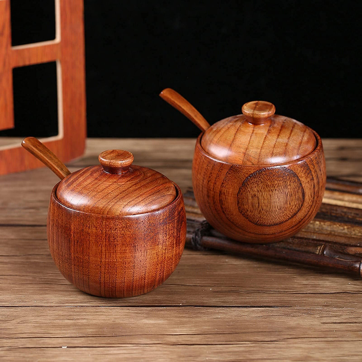 Kukyller 2PCS Wooden Salt Box with Lid Spoon, Sugar Bowl Pepper Seasoning Container, Wooden Salt Container for Kitchen Serving Condiment Chili Powder 2 * 4 * 3.5in