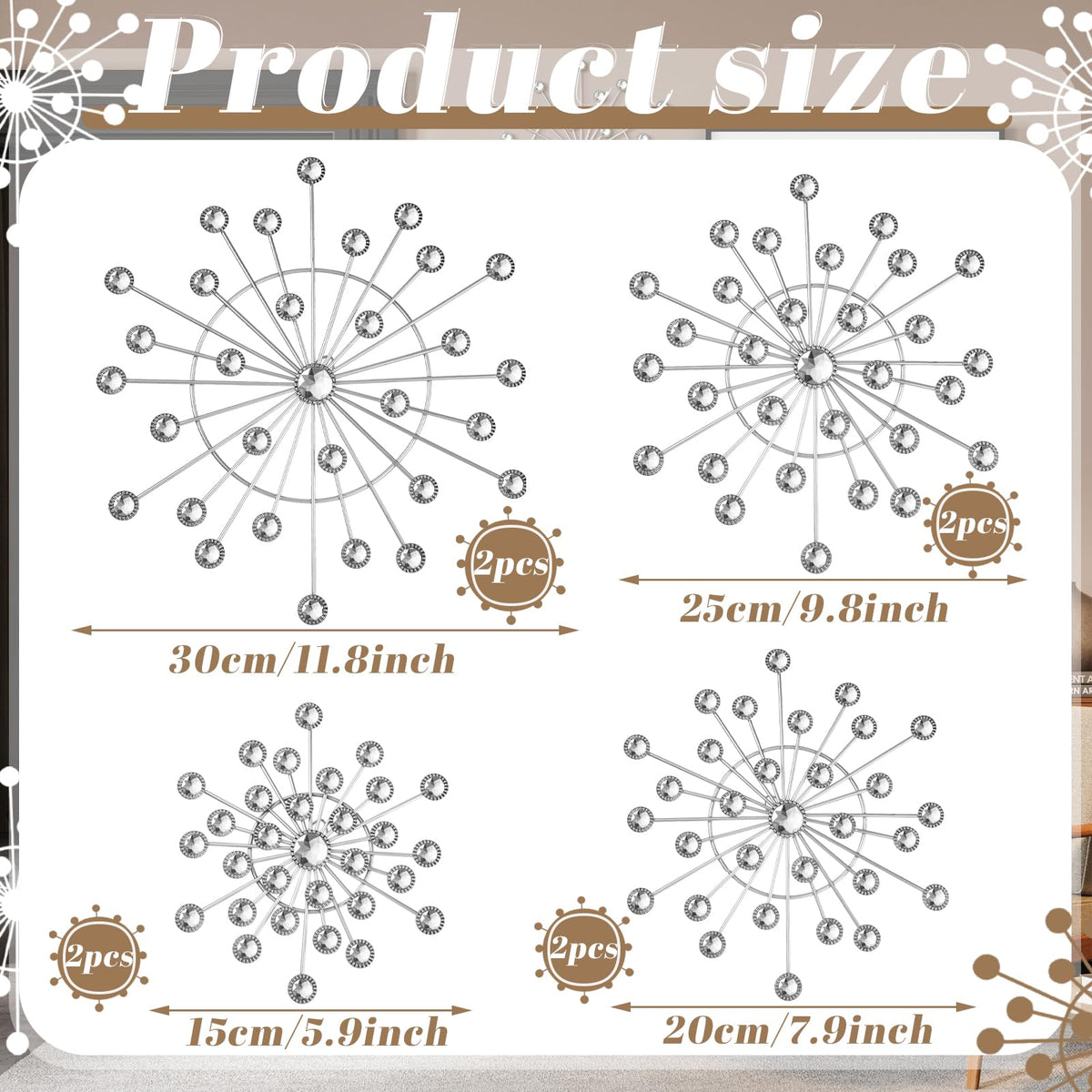 MorningRo 8 Pcs Metal Wall Decor Bling Crystal Wall Art Cast Iron Rhinestones Sunburst Decor Starburst Art Hanging Diamond Accents Home Decorative for Living Room Bedroom Entryway