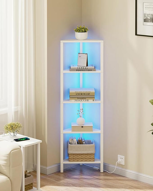 TUTOTAK Corner Shelf with LED Light, 5-Tier Corner Bookshelf