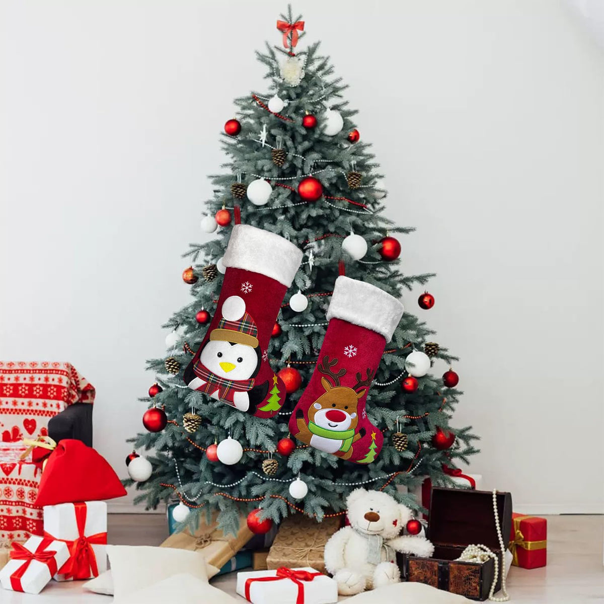 Snowman Christmas Stocking, 20" Velvet Cute 3D Deer Bear Moose Reindeer Xmas Stocking for Children Kids Girls Boys Women Men