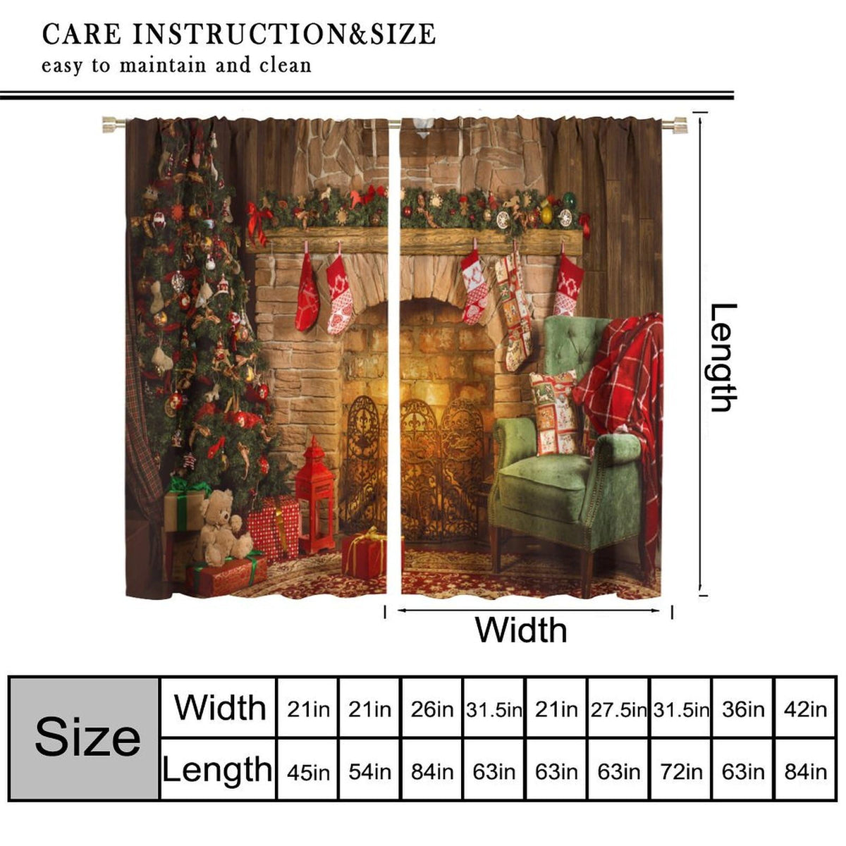 FengMingRui Christmas Window Curtain for Bedroom Fireplace Printed Window Treatment Winter Holiday Christmas Decor Window Drapes 42" W X 45" L