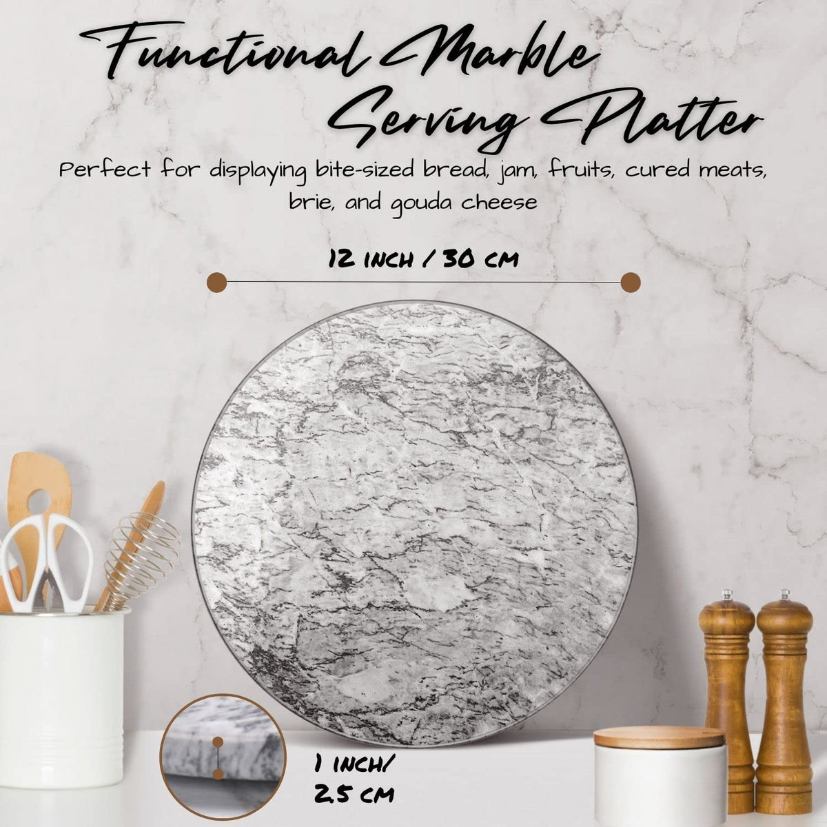 Flexzion Round Marble Cutting Board for Kitchen - 12 Inch Marble Cheese Board Slab for Baking, Charcuterie, Pastry - Non-Stick Heat Resistant Stone Serving Board for Countertop, White