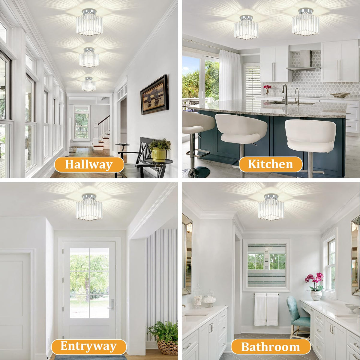 GZBEINI 2-Pack Modern Crystal Semi Flush Mount Ceiling Light, Mini Square Chrome Hallway Light Fixtures Close to Ceiling Lights for Entryway Bathroom Bedroom Kitchen Dining Room Laundry, 7.24Inch